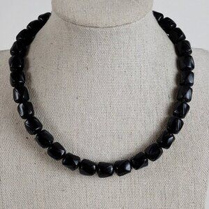 Vintage Trifari Necklace Black Rectangle Lucite Beaded Gold Tone Hook Clasp 16"